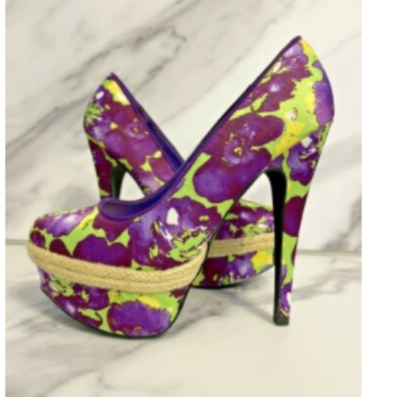 Purple & Green Floral Almond Toe Stiletto Platform - Picture 4 of 8